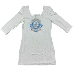 Woman's Express Reign of Hearts Twisted Royalty Sparkle White 3/4 Sleeve Top LG